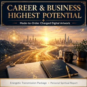 Może przedstawiać: Cyfrowa grafika zatytułowana CAREER & BUSINESS HIGHEST POTENTIAL przedstawiająca panoramę miasta o zachodzie słońca, notatnik spiralny z tekstem ALIGN STRATEGIZE SERVE SUCCEED, czarny kubek ze złotym geometrycznym wzorem, długopis oraz kryształ.