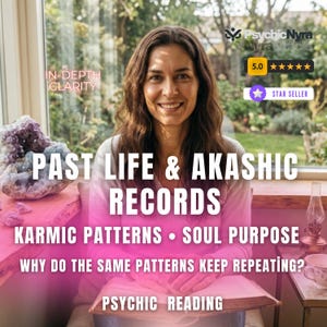 May include: A person with long brown hair wearing a light-colored long-sleeve shirt, holding an open book. Text overlays include: PAST LIFE & AKASHIC RECORDS, KARMIC PATTERNS, SOUL PURPOSE, WHY DO THE SAME PATTERNS KEEP REPEATING?, and PSYCHIC READING.