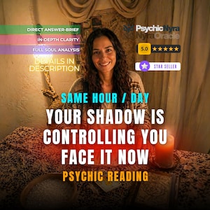 Puede incluir: Imagen de una mujer sonriendo con texto superpuesto: "Psychic Nyra, Star Seller, Same Hour/Day, Your Shadow Is Controlling You, Face It Now, Psychic Reading." Texto adicional: "Direct Answer-Brief, In-Depth Clarity, Full Soul Analysis, Details in Description."