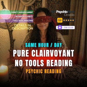 Op de afbeelding: Afbeelding die paranormale readings promoot. Een vrouw met een blinddoek is de centrale figuur. Tekst bevat "Pure Clairvoyant, No Tools Reading, Psychic Reading" en "Star Seller". Extra tekst benadrukt "Direct Answer-Brief" en "In-Depth Clarity".