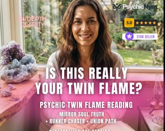 May include: A person holding an open book with text that reads: IS THIS REALLY YOUR TWIN FLAME? PSYCHIC TWIN FLAME READING, MIRROR SOUL TRUTH, RUNNER CHASER, UNION PATH, PERSONALIZED PDF READING. A large amethyst crystal cluster sits on a wooden surface nearby.