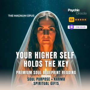 May include: A person with long dark hair wearing a sheer white head covering, holding a glowing candle. Text reads: THE MAGNUM OPUS, YOUR HIGHER SELF HOLDS THE KEY, PREMIUM SOUL BLUEPRINT READING, SOUL PURPOSE, KARMA, SPIRITUAL GIFTS, Psychic Nyra Oracle, 5.0.