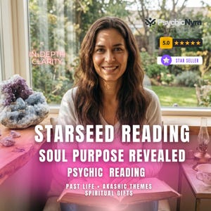 May include: A person with long brown hair sits holding an open book. Text overlays read: IN-DEPTH CLARITY, STARSEED READING, SOUL PURPOSE REVEALED, PSYCHIC READING, PAST LIFE, AKASHIC THEMES, SPIRITUAL GIFTS, PsychicNyra, 5.0, and STAR SELLER.