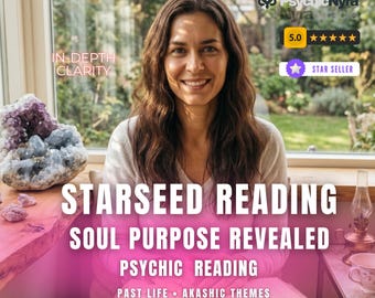 Puede incluir: Una persona con cabello largo castaño sostiene un libro abierto. Los textos superpuestos dicen: IN-DEPTH CLARITY, STARSEED READING, SOUL PURPOSE REVEALED, PSYCHIC READING, PAST LIFE, AKASHIC THEMES, SPIRITUAL GIFTS, PsychicNyra, 5.0 y STAR SELLER.