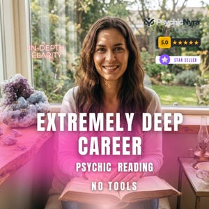 Może przedstawiać: Osoba z długimi brązowymi włosami siedzi za otwartą książką. Nałożone teksty to IN-DEPTH CLARITY, EXTREMELY DEEP CAREER, PSYCHIC READING, NO TOOLS, PsychicNyra, 5.0 stars oraz STAR SELLER. Obok znajduje się duża grupa fioletowych kryształów ametystu.