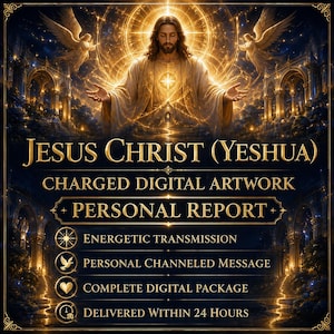 Può includere: Illustrazione digitale con una figura centrale a braccia aperte, affiancata da due angeli su uno sfondo dorato luminoso. Il testo recita: JESUS CHRIST (YESHUA), CHARGED DIGITAL ARTWORK, PERSONAL REPORT, ENERGETIC TRANSMISSION, PERSONAL CHANNELED MESSAGE, COMPLETE DIGITAL PACKAGE, DELIVERED WITHIN 24 HOURS.