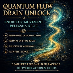 May include: A digital graphic featuring the text QUANTUM FLOW DRAIN UNLOCK, ENERGETIC MOVEMENT RELEASE & RESET, PERSONALIZED CHARGED ARTWORK, PERSONAL SPIRITUAL REPORT, ENERGETIC TRANSMISSION, FLOW RESET SUPPORT, and COMPLETE PERSONALIZED PACKAGE DELIVERED WITHIN 24 HOURS.