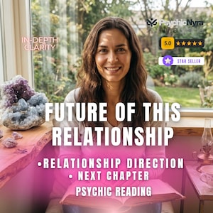 Puede incluir: Una persona con cabello largo y castaño sostiene un libro abierto, con textos superpuestos que dicen IN-DEPTH CLARITY, FUTURE OF THIS RELATIONSHIP, RELATIONSHIP DIRECTION, NEXT CHAPTER, PSYCHIC READING, PsychicNyra, 5.0 estrellas y STAR SELLER.