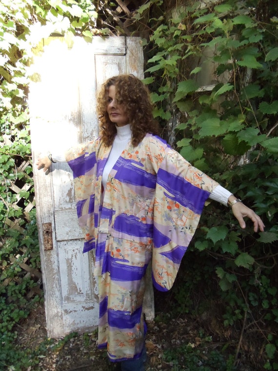 Vintage Kimono,Deep Purple,Orange,Yellow,Lined