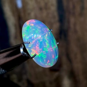 May include: An oval-shaped opal gemstone, held by a metal tool. The opal displays a vibrant play-of-color, with flashes of blue, green, pink, and orange hues. The stone is polished and smooth, reflecting light. The background is blurred.