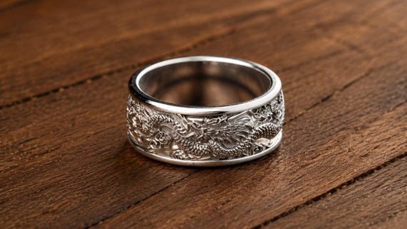 925 Sterling Silver Dragon Ring | Japanese Engraved Band | Fantasy Statement Jewelry
