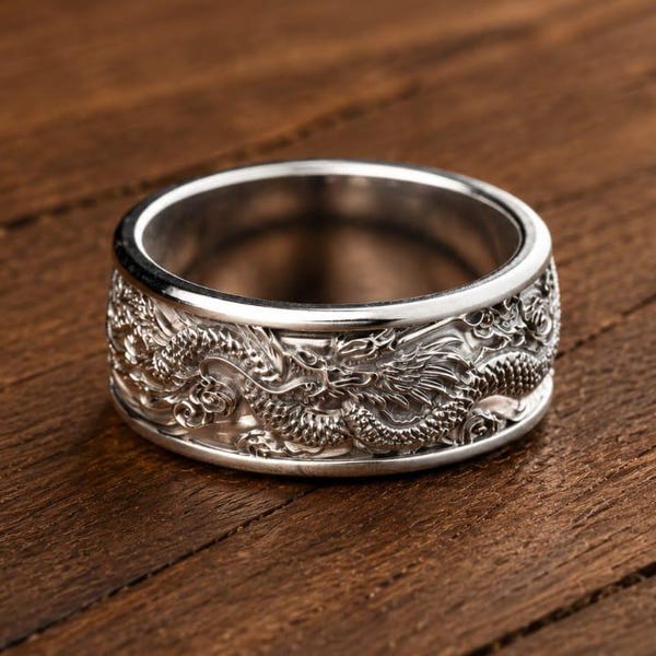 925 Sterling Silver Dragon Ring | Japanese Engraved Band | Fantasy Statement Jewelry