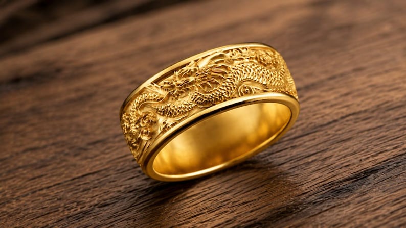 Pu&ograve; includere: Un anello color oro caratterizzato da un rilievo dettagliato di un drago che avvolge l'intera fascia esterna. La superficie dell'anello presenta una finitura metallica lucida con squame complesse e tratti del volto visibili sul drago.