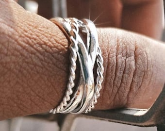 Anillo de cuerda de plata hecho a mano, banda gruesa estilo boho para hombres y mujeres, anillo de plata con detalles, banda ancha de estilo vintage.