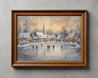 Impresión vintage de invierno, arte mural de patinaje sobre hielo, arte navideño neutro, pintura de paisaje urbano invernal, decoración navideña antigua, impresión digital.