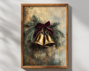Decoración de pared con campanas navideñas vintage, bodegón navideño antiguo (descarga digital)