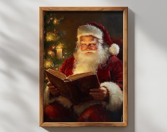 Cuadro vintage de Papá Noel leyendo, decoración navideña rústica (descarga digital)