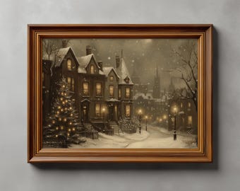 Lámina vintage de un pueblo invernal nevado, casas adosadas navideñas rústicas (descarga digital)