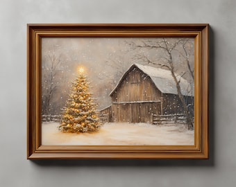 Lámina vintage con árbol de Navidad en un granero nevado, decoración de pared estilo granja (descarga digital)