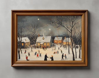 Lámina navideña con diseño de pueblo invernal de estilo vintage: escena de patinaje sobre hielo, decoración de pared para las fiestas (descarga digital).