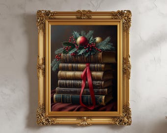Lámina decorativa navideña vintage con diseño de pila de libros – Decoración navideña para bibliotecas (Descarga digital)