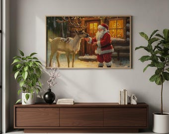 Lámina con pintura al óleo de Papá Noel y sus renos – Arte navideño acogedor en una cabaña (Descarga digital)