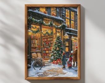 Lámina navideña de librería, acogedora escena invernal, decoración navideña (descarga digital)