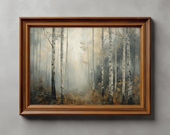Arte de pared de bosque de abedules: bosque brumoso imprimible, paisaje de naturaleza neutra, decoración minimalista escandinava, impresiones relajantes, descarga digital.