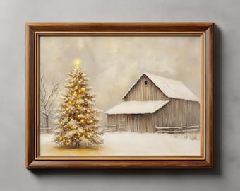 Impresión vintage de granero nevado de invierno: arte mural de árbol de Navidad, pintura rústica navideña, decoración acogedora de invierno, descarga digital imprimible