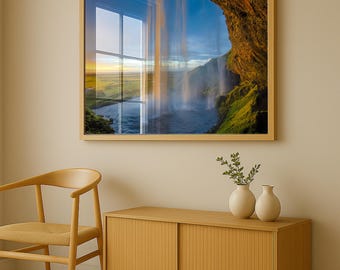 Impresión fotográfica de cascada islandesa, arte mural con paisaje al atardecer (descarga digital)