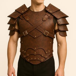 茶色の本革中世鎧ベスト：重ね着肩当て、剣闘士コスプレ