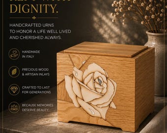 May include: A handcrafted wooden urn with a rose inlay. The urn is made of light-colored wood and features a detailed rose design on the front. The text "MADE WITH LOVE. KEPT WITH DIGNITY." is displayed above the urn. The brand name "EVERURN" is at the bottom.