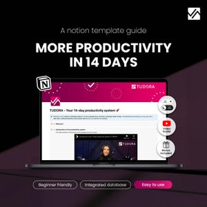 Könnte beinhalten: Ein Laptop zeigt eine Notion-Vorlagenanleitung mit dem Titel „MEHR PRODUKTIVITÄT IN 14 TAGEN“. Der Bildschirm zeigt eine Produktivitätssystem-Oberfläche mit dem TUDORA-Logo, einem Video-Guide und Bonusinhalten. Das Design ist modern mit dunklem Hintergrund und rosa Akzenten.