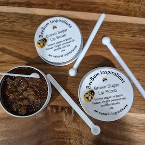 Brown sugar lip scrub in 1 oz tin with honey and coconut oil