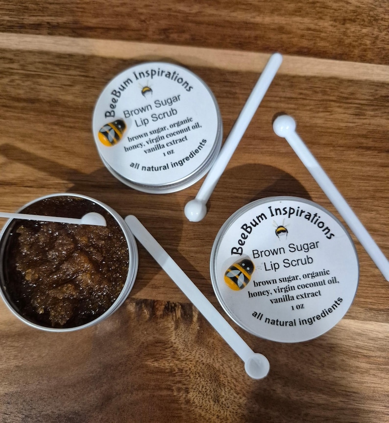 Brown sugar lip scrub in 1 oz tin with honey and coconut oil