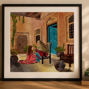 May include: A framed square print depicting a watercolour scene of a person in a red garment sitting on the floor and another person in a green shawl sitting on a chair within a courtyard. The scene features a bright blue door, potted plants, and stone walls.