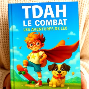 Puede incluir: Un libro infantil titulado "TDAH Le Combat Les Aventures de Léo" presenta una ilustración de dibujos animados de un niño con pelo rojo, gafas y una capa, de pie sobre un monopatín. Un perro amarillo con un collar rojo está a su lado. La autora es Élise Dornay.