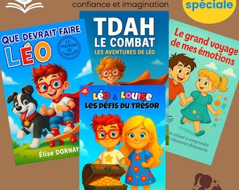 May include: A collection of children's books titled "Collection Léo & Louise". The covers feature colorful illustrations of children, animals, and treasure chests. The books are designed to help children grow with confidence and imagination.
