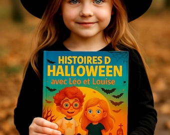 May include: A young person wearing a black witch hat and dress holds a book titled "HISTOIRES D'HALLOWEEN" with illustrations of cartoon characters, bats, and a pumpkin. The book features the text "avec Léo et Louise".