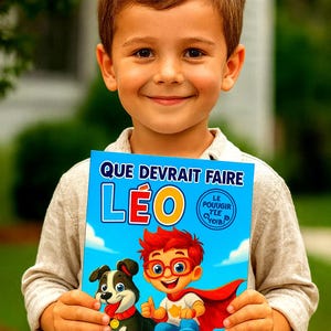 Puede incluir: Un niño sonriente sostiene un libro titulado "QUE DEVRAIT FAIRE LÉO". La portada del libro presenta una ilustración de dibujos animados de un niño con pelo rojo, gafas y una capa, junto con un perro en monopatín. También se ve el texto "Une histoire, des défis".