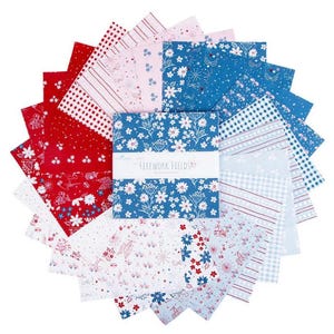 May include: A collection of fabric squares in red, white, and blue, arranged in a circular pattern. The squares feature various patterns, including floral designs, stripes, and gingham. The center square is labeled "Firework Fields."