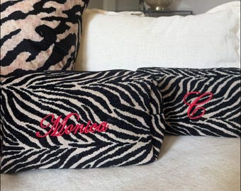 Personalized Zebra Cosmetic Bag | Embroidered Makeup Pouch | Travel Toiletry Bag