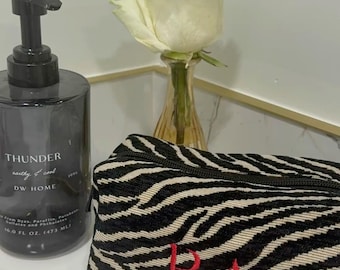 Personalized Zebra Cosmetic Bag | Embroidered Makeup Pouch | Travel Toiletry Bag