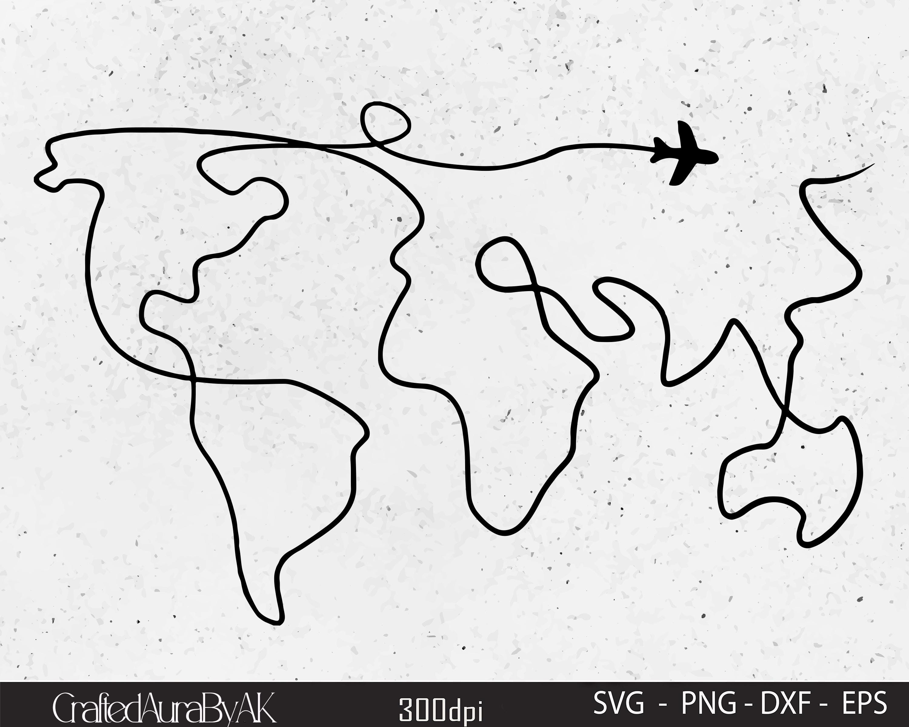 Minimalist World Map Line Art: Travel Poster, Plane Clipart (digital ...