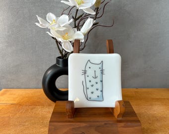 catplt001-Fused Glass Cat Plate: Handmade 4" Sushi Dessert Dish