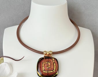 jwNeck001-Greek Key - Handmade Fused Glass Pendant Choker – Greek Key Copper Dichroic Necklace