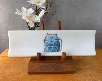 catray004-Handmade Fused Glass Blue Cat Tray: Whimsical Sushi Dessert Dish
