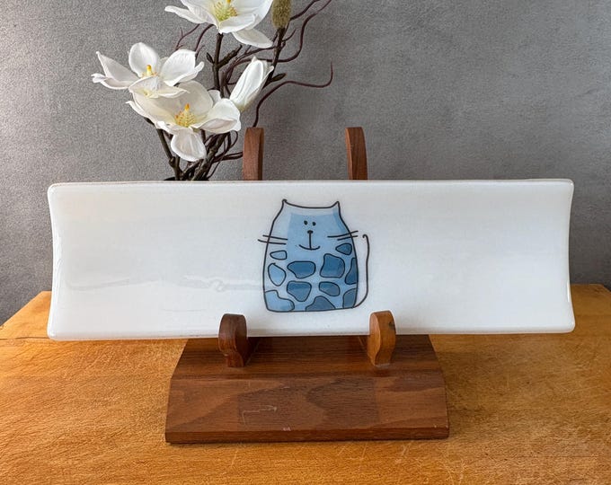 Featured listing image: catray004-Handmade Fused Glass Blue Cat Tray: Whimsical Sushi Dessert Dish