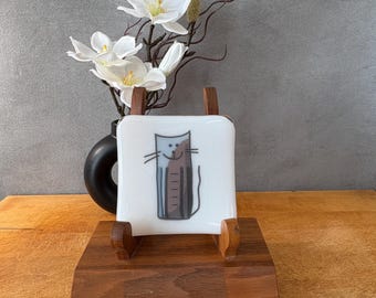 catplt019-Handmade Fused Glass Cat Dish: Whimsical Sushi Dessert Plate