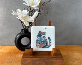 catplt016-Handmade Fused Glass Cat Dish: 4" Square Decorative Plate
